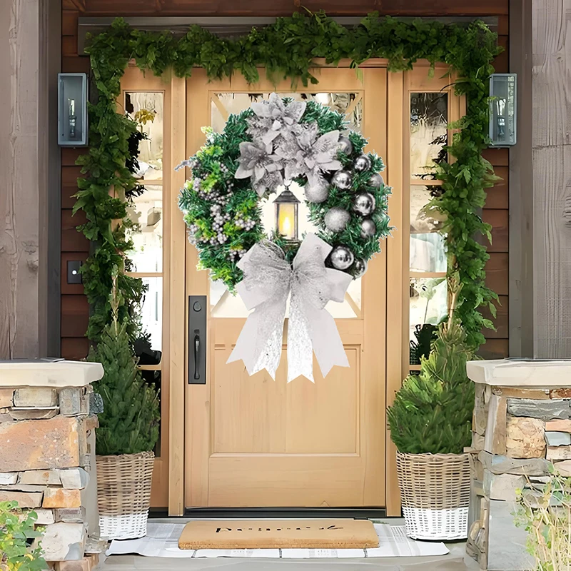 Decoración navideña para puerta delantera: corona artificial iluminada con cinta y bolas