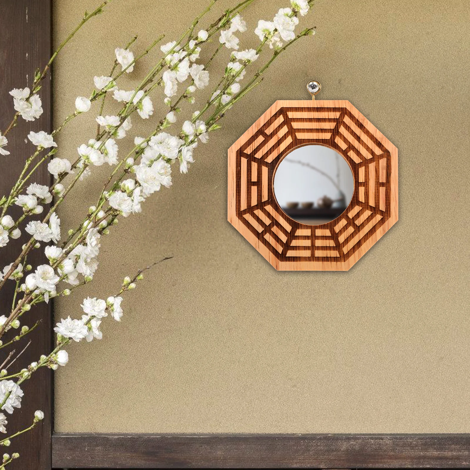 

1pc Peach Wood Convex Eight Trigrams Mirror Retro Chinese Style Wall Hanging Ornament For Home Decor Evil Spirits Exorcism