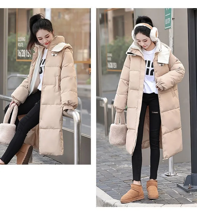 Long Hooded Puffer Coat Women Contrast Collar Warm Quilted Parka Zip‑Up Loose Windproof Winter Outerwear Ladies Padded Jacket