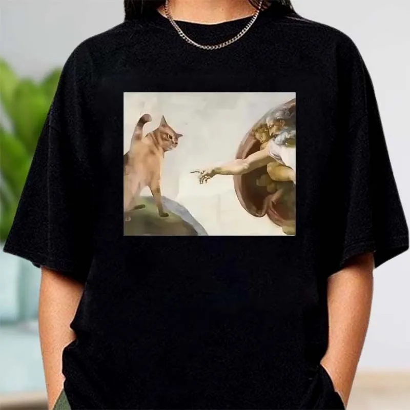 Funny Cat God Creation of Adam Meme T-Shirt Men Women Casuals Short Sleeve Jesus T Shirt O-Neck Tshirt Vintage Tees Harajuku