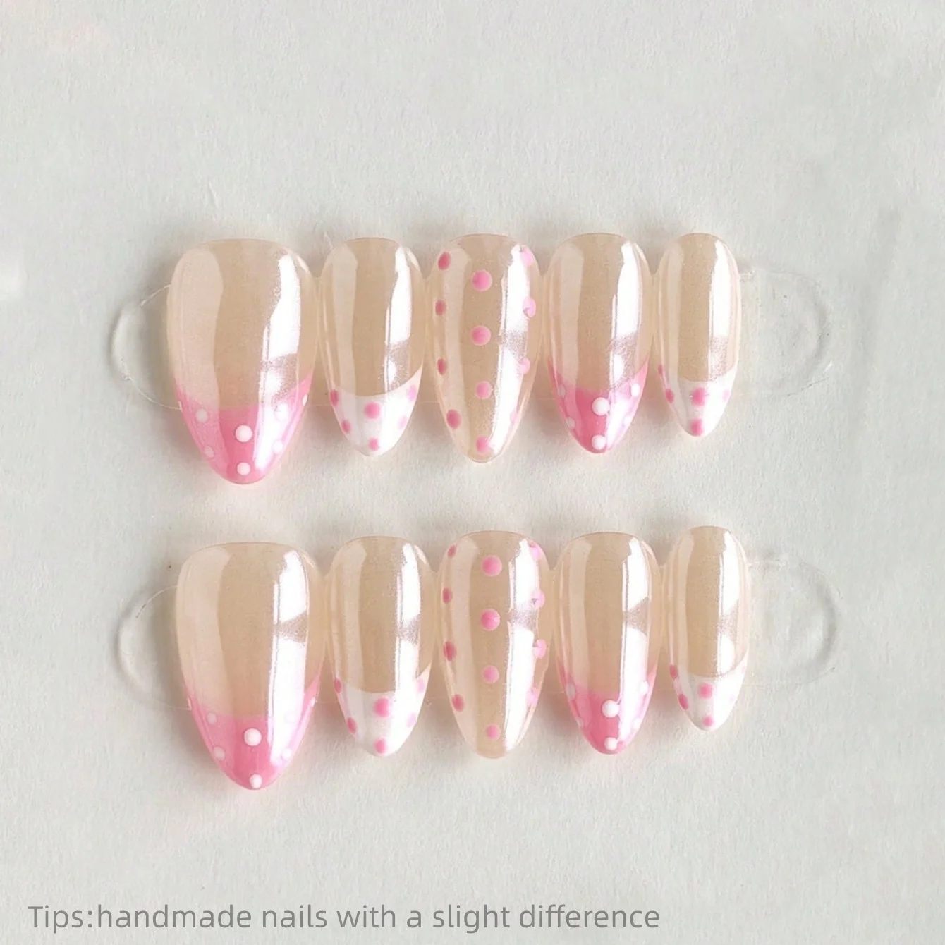 10pcs Handmade Pink Polka Dot French Press On Nails Almond Short Sweet Cute Fake Nails Nude Base Decor False Nail