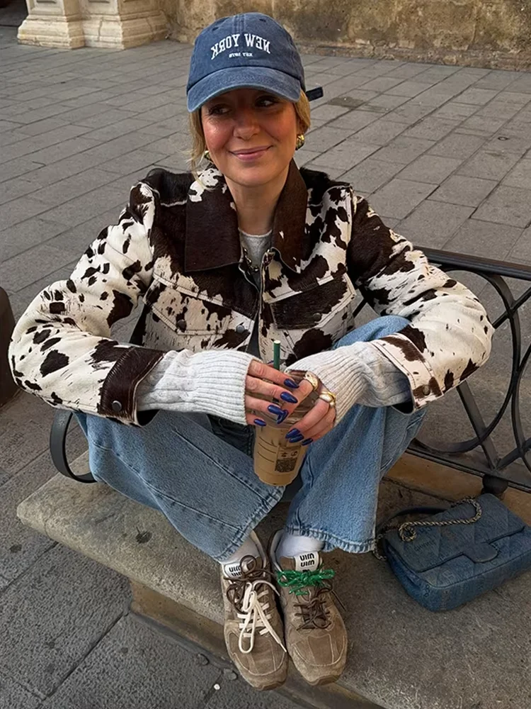 

Printing Turn-down Collar Jackets Women Single Breasted Loose Pockets Personality Short Coats New Ladies High Street Outwear