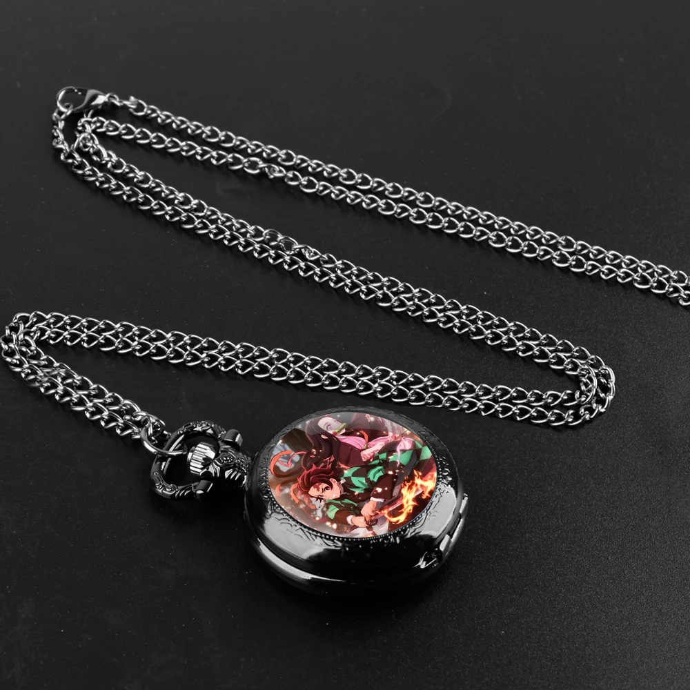 Anime Demon Slayer Glass Dome Design Arabic Numerals Quartz Pocket Watch Necklace Pendant Clock Chain Men Women Gifts