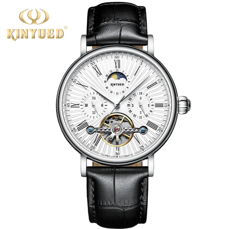 Kinyued-Reloj de cuero para hombre, accesorio masculino resistente al agua con mecanismo automático de Tourbillon