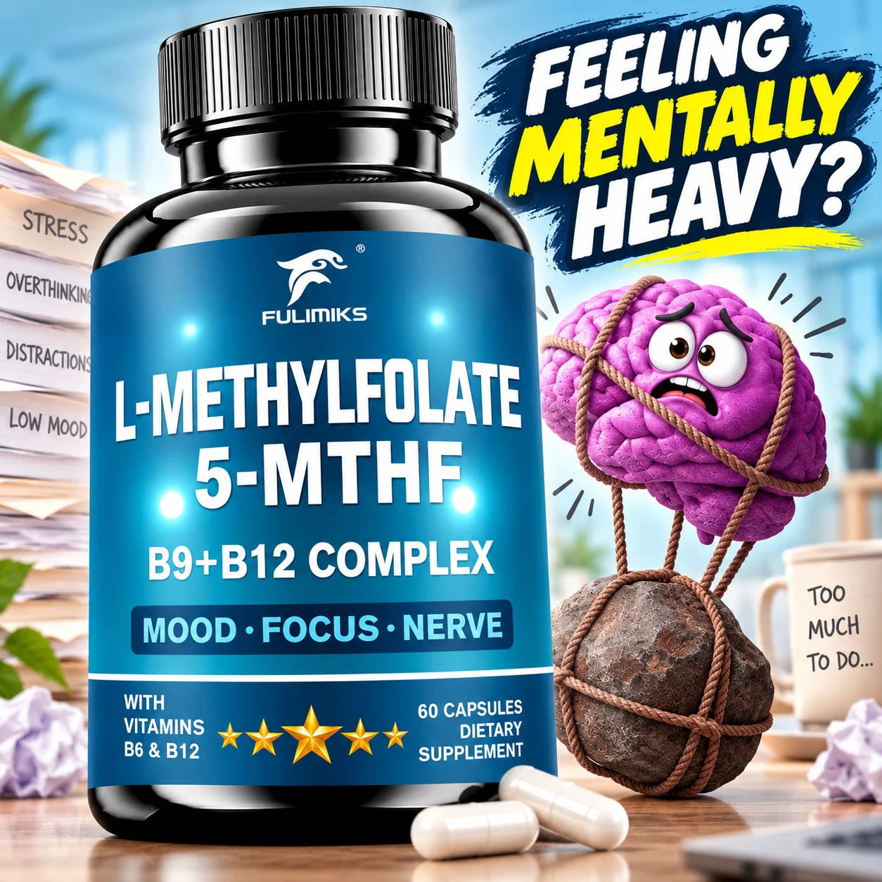 5-MTHF L-Methylfolate B Vitamin Supplement, with B6 B12 Magnesium, Support Mood, Mental Focus & Nerve Health & Sleep Quality