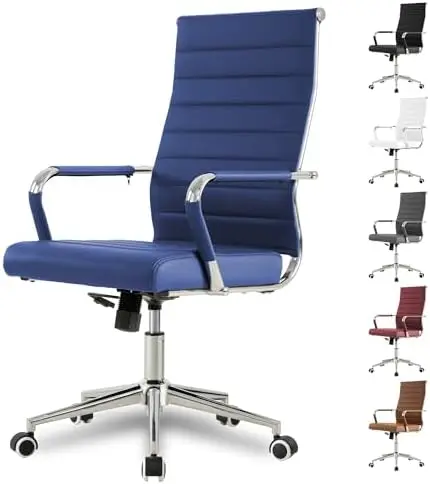 Okeysen Navy Blue Office Desk Chair, Ergonomic Leather Modern Conference Room Chairs, Executive Ribbed Height