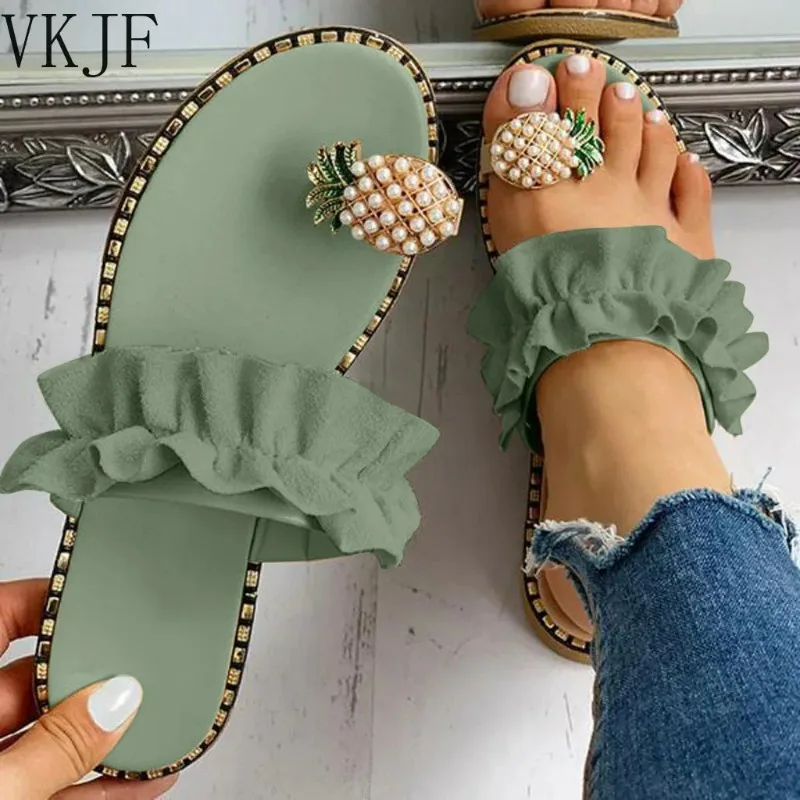 2026 Women Slipper Pineapple Pearl Flat Toe Bohemian Summer Beach Sandals Ladies Shoes plus size Mujer Verano