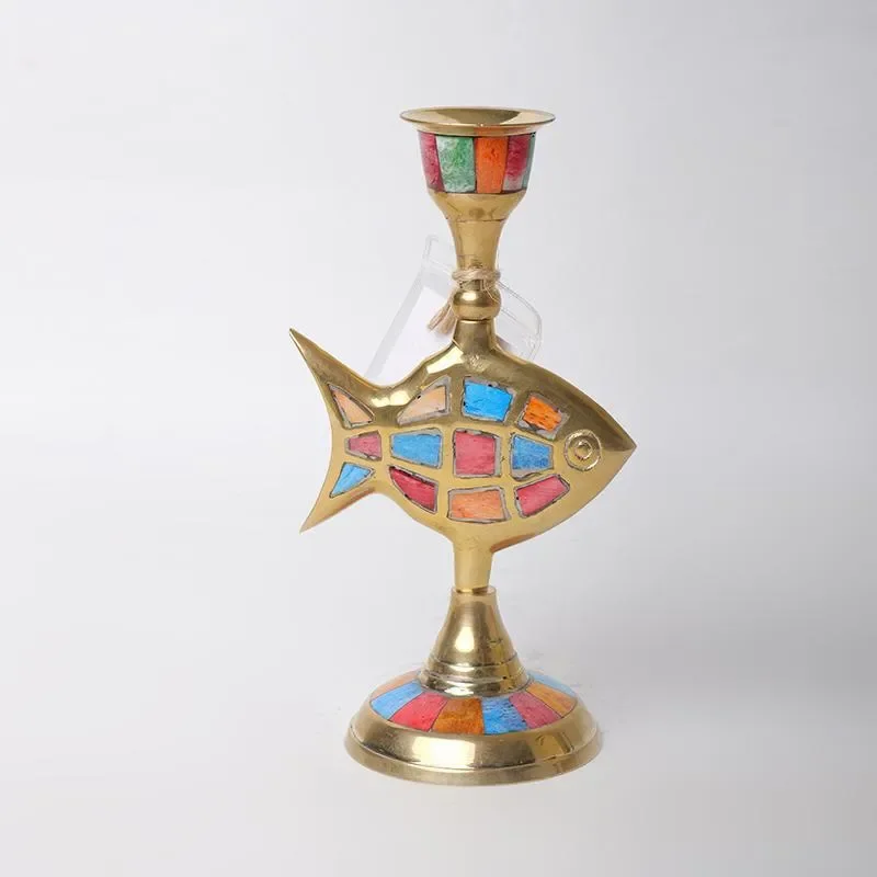Retro Brass Candle Holder with Cow Bone Inlay European Style Light Luxury Art Ornament for Nordic Romantic Home Decor Wax