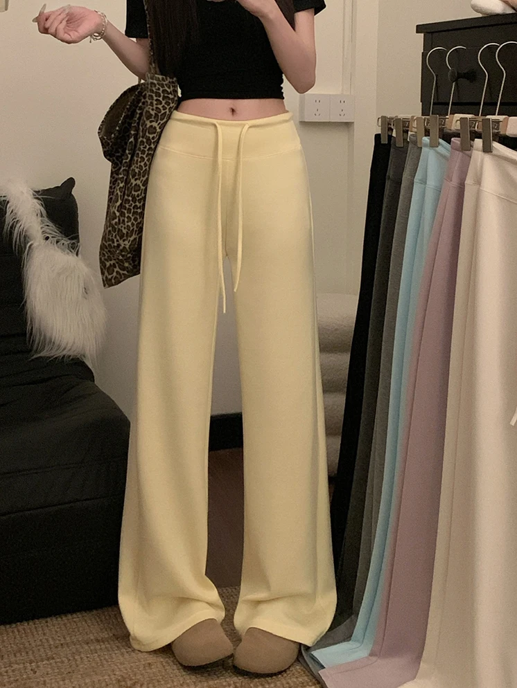 بنطال ذو قصة أرجل واسعة Y2K جلد نسائي شتوي مبطن بالقطيفة مرقع على طراز الكشمير مبطن بالصوف بطبقات مزدوجة دافئة مكتب مريح