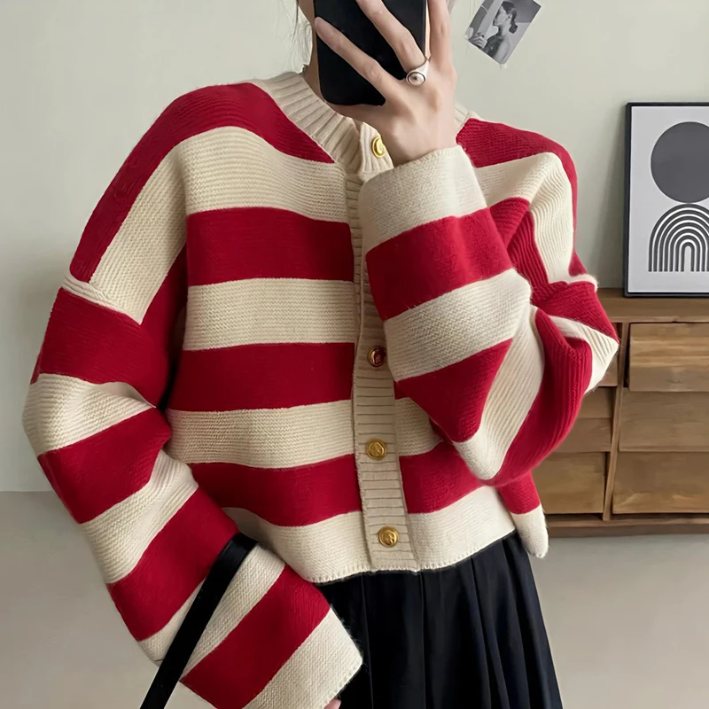 O-neck Stripe Stitching Cardigan Women Korean Fashion Loose Long Sleeve Single-breasted Knitted Sweater Simple Coats Casual Tops