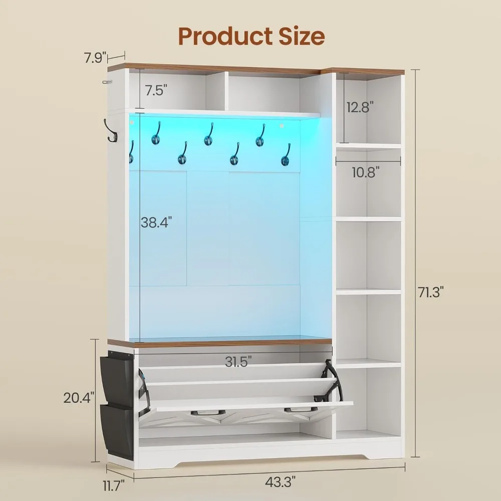 ベンチと靴箱付きハンガー、玄関ベンチ、フリップ引き出し付き靴箱、7段棚