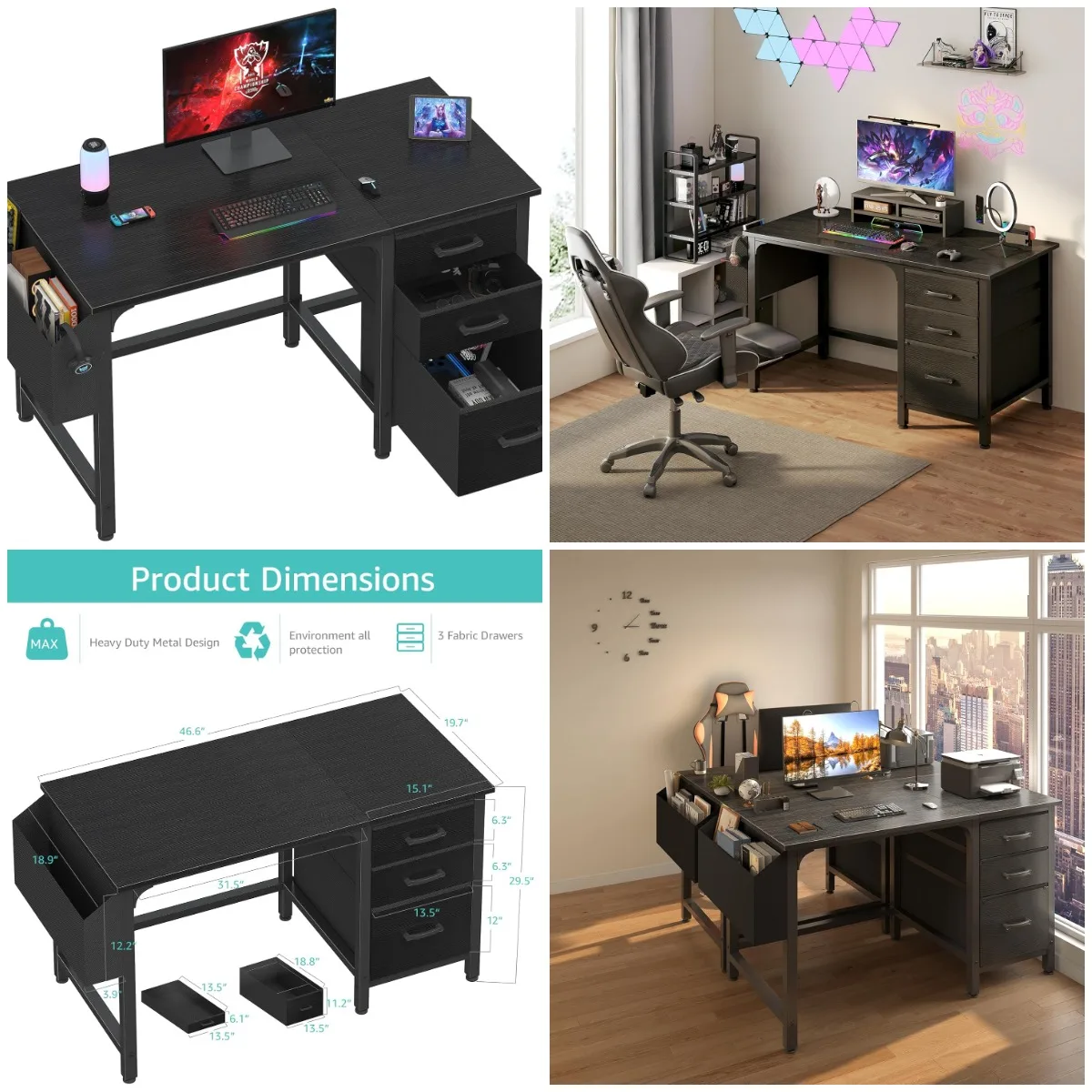 

47' Reversible Computer Desk with File Drawers, Black Home Office Gaming Study Table