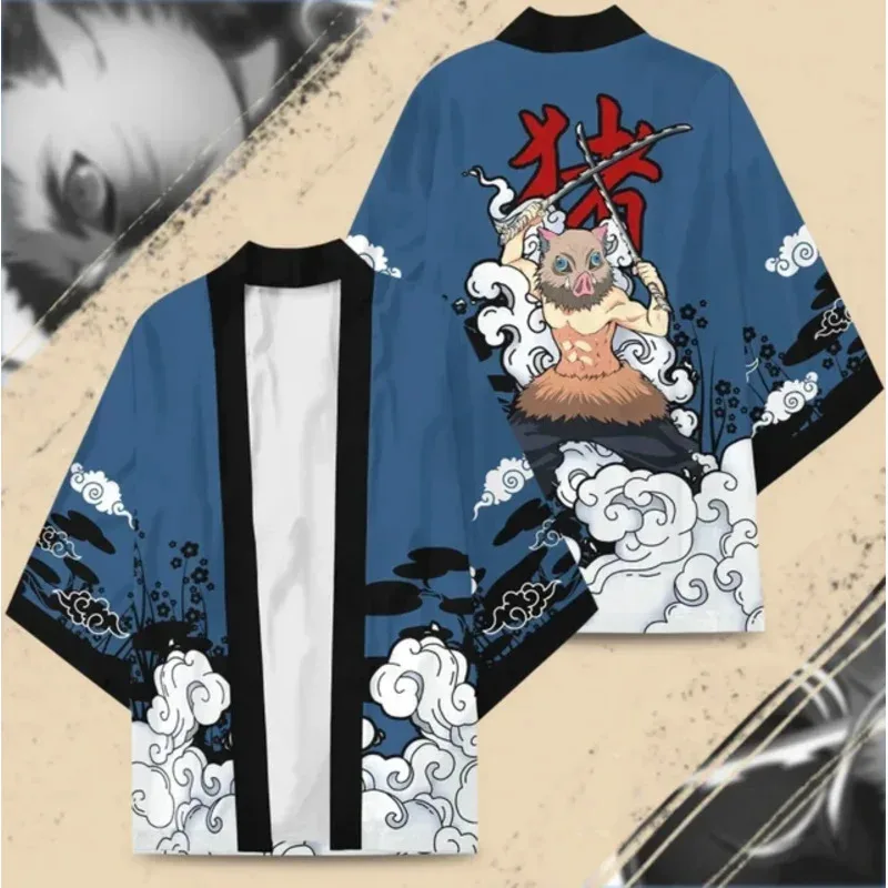 Nieuwe anime demon slayer hashibira inosuke cosplay kostuums kimono volwassen kinderen haori mantel vest jas pyjama badjas top