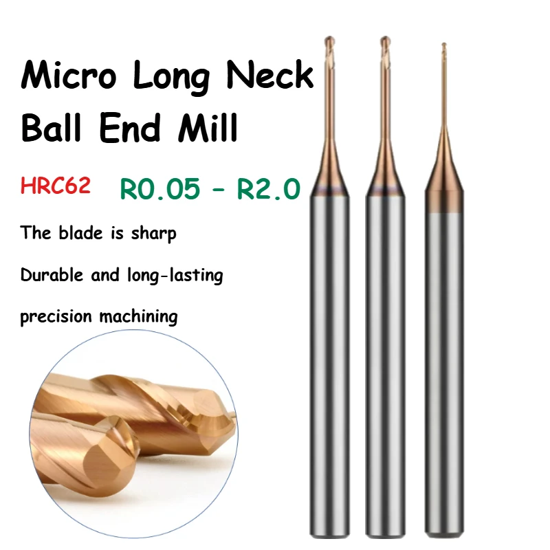 HRC62° Micro Ball End Mill Long Neck Carbide CNC Small Mini Rib Deep Machining Cutter R0.05-2.0 Tool for Steel Metal