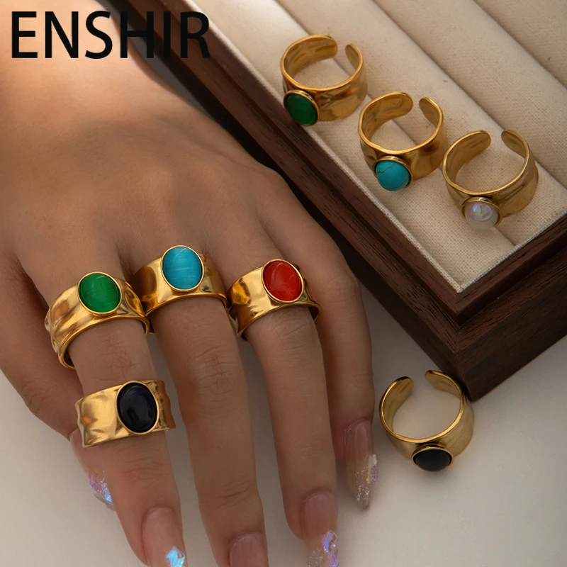 ENSHIR 316L Stainless Steel Colorful Stone Wide Face Wrinkle Open Ring for Women Men Elegant Noble Cool Jewelry Gifts Wholesale