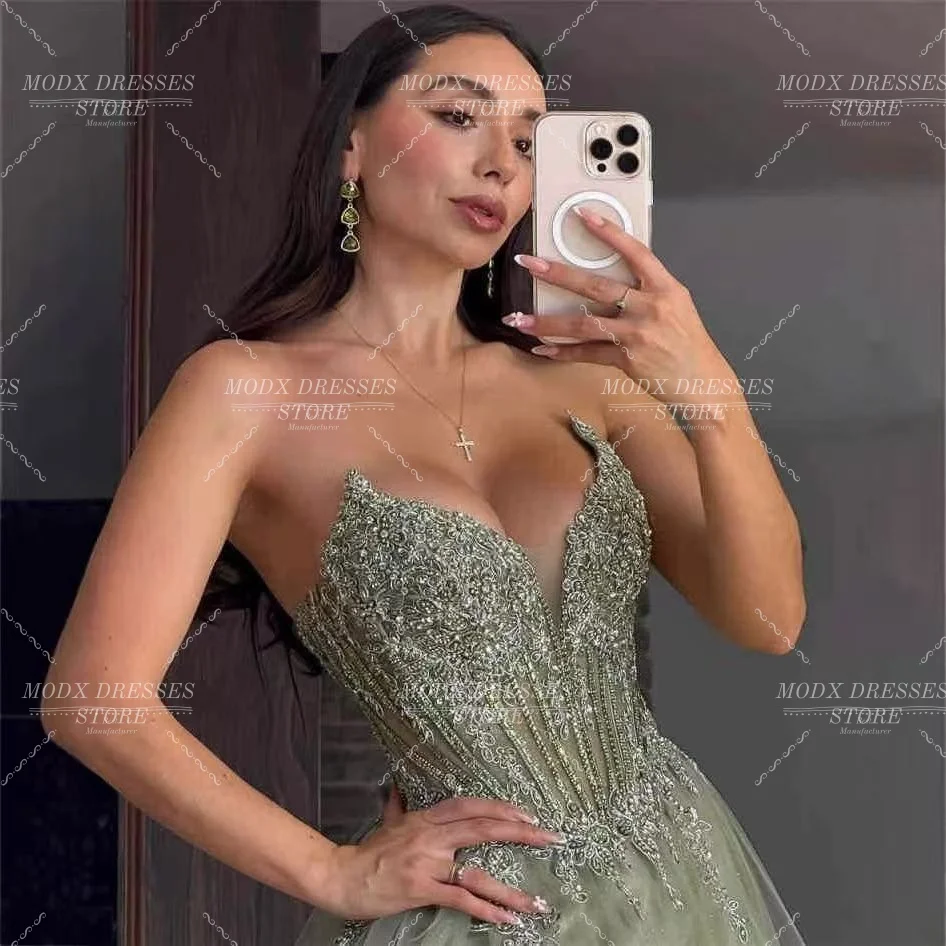 MODX 高級セージグリーンビーズ装飾ハイ スリットアラビア風イブニングドレス カスタムメイドノースリーブ女性用パーティードレス フォーマルセレブリティガウン Q
