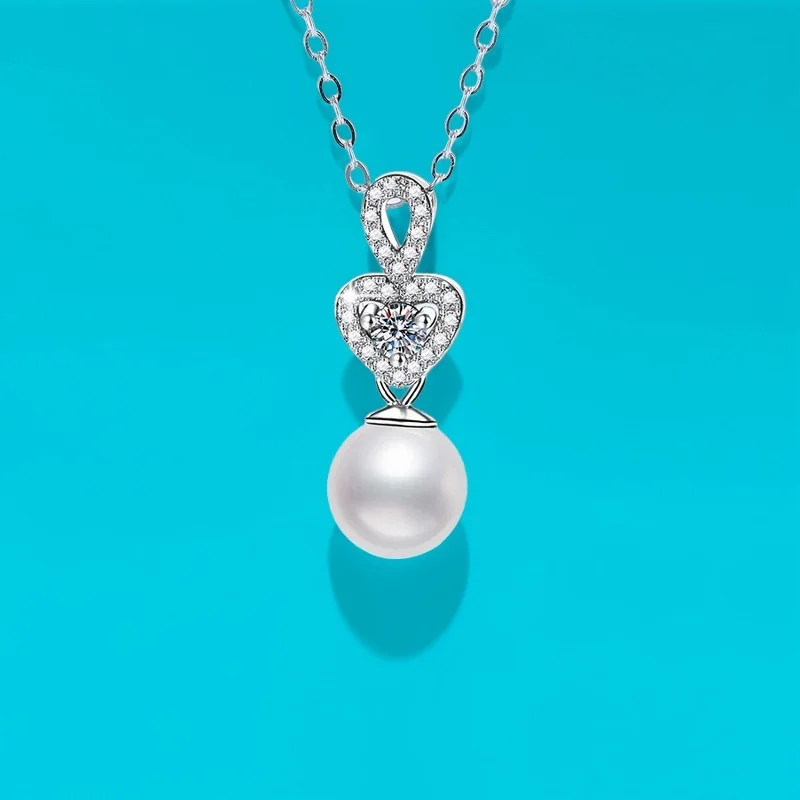 

Natural Freshwater Pearl 8mm Aurora Near-Round Heart-Shaped Pendant Necklace S925 Silver Moissanite Jewelry GBA Certified Gift
