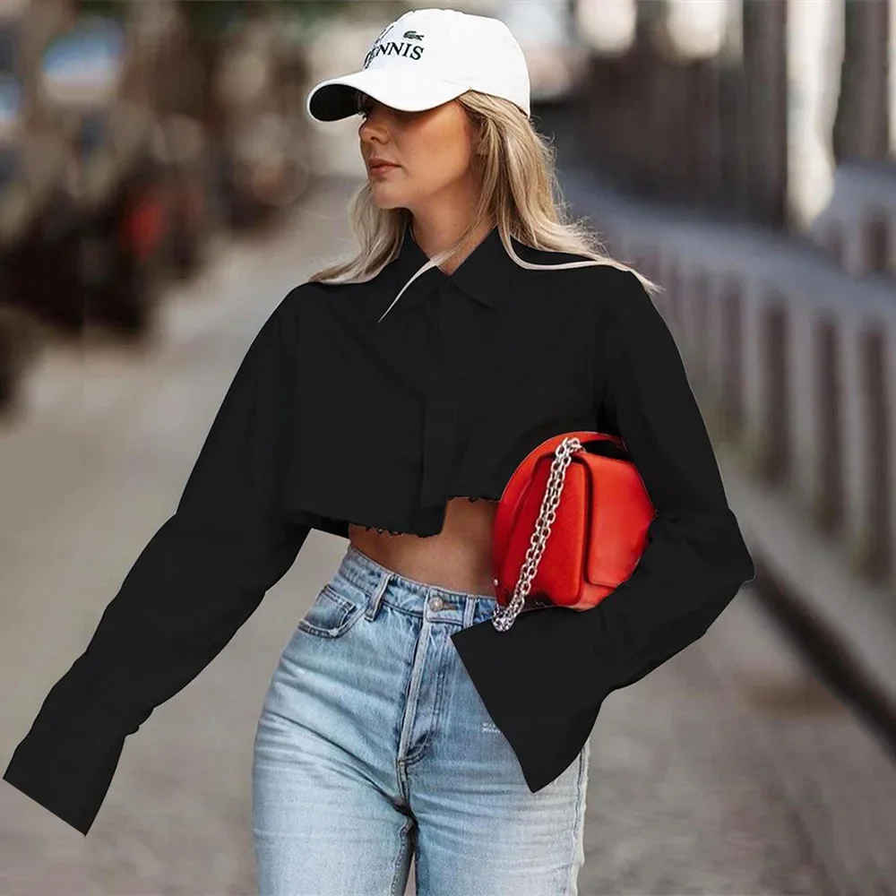 Street women's clothing 2024 autumn new thin top long sleeved short design feeling exposed belly white shirt for women YBF33-3