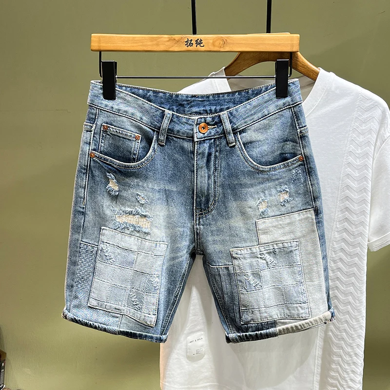 

Summer Fashion Men Jeans Retro Blue Stretch Slim Fit Patched Ripped Short Jeans Homme Vintage Designer Hip Hop Denim Shorts Men