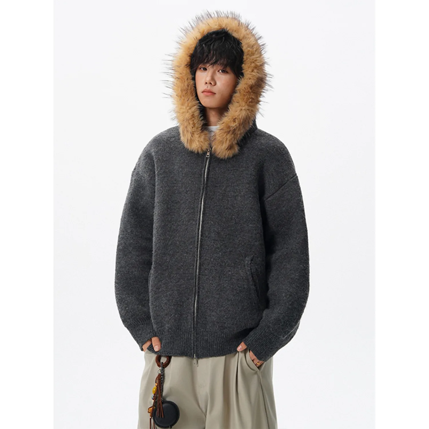 سترة صوفية بياقة من الفرو قابلة للفصل للرجال، سترة بغطاء للرأس بسحاب على الطراز الأمريكي العتيق، معطف دافئ محبوك