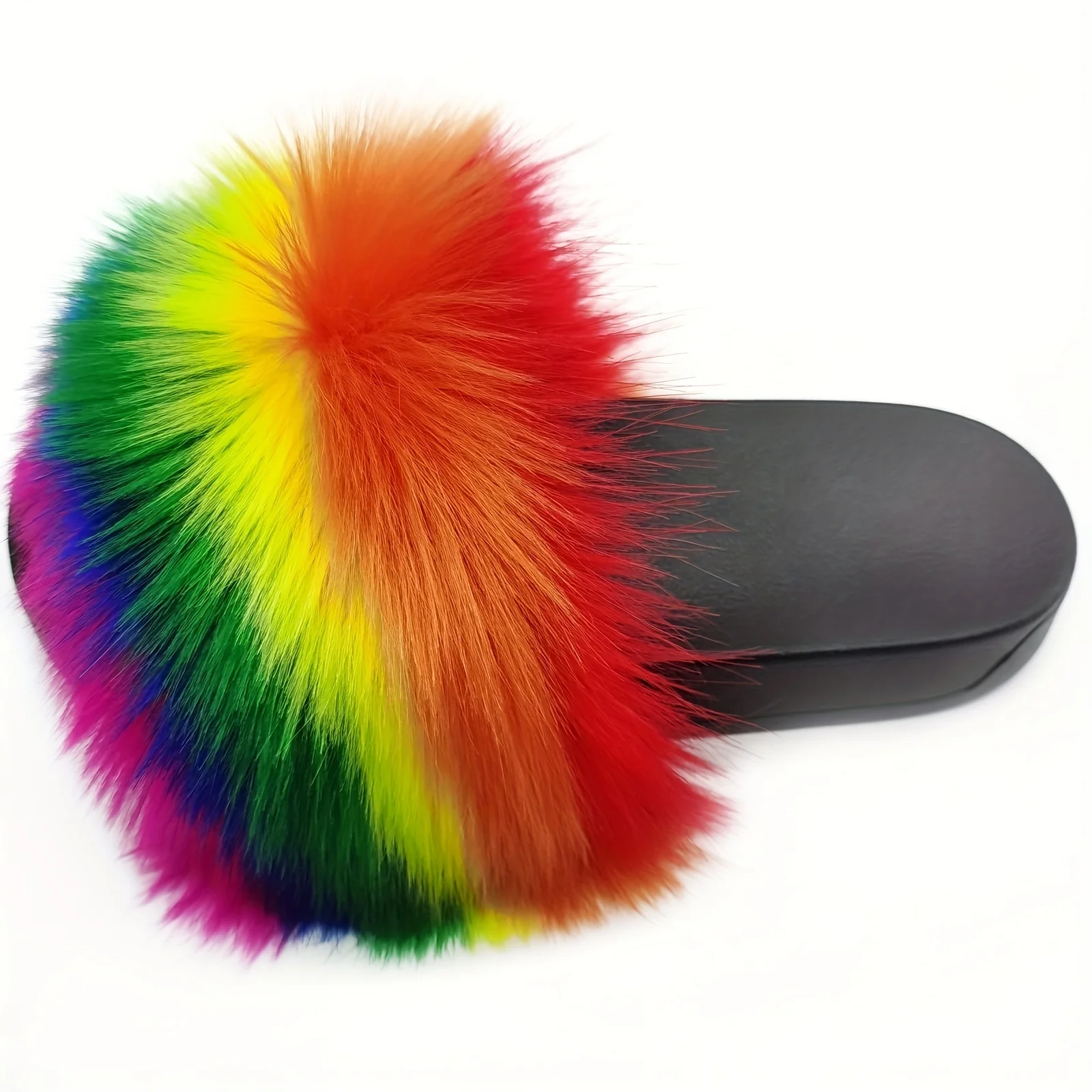 Women\'s Summer Rainbow Faux Fur Slippers Thick Non-slip Soles Breathable Home Fur Slides Outdoor Flip Flops Fuzzy Sandals