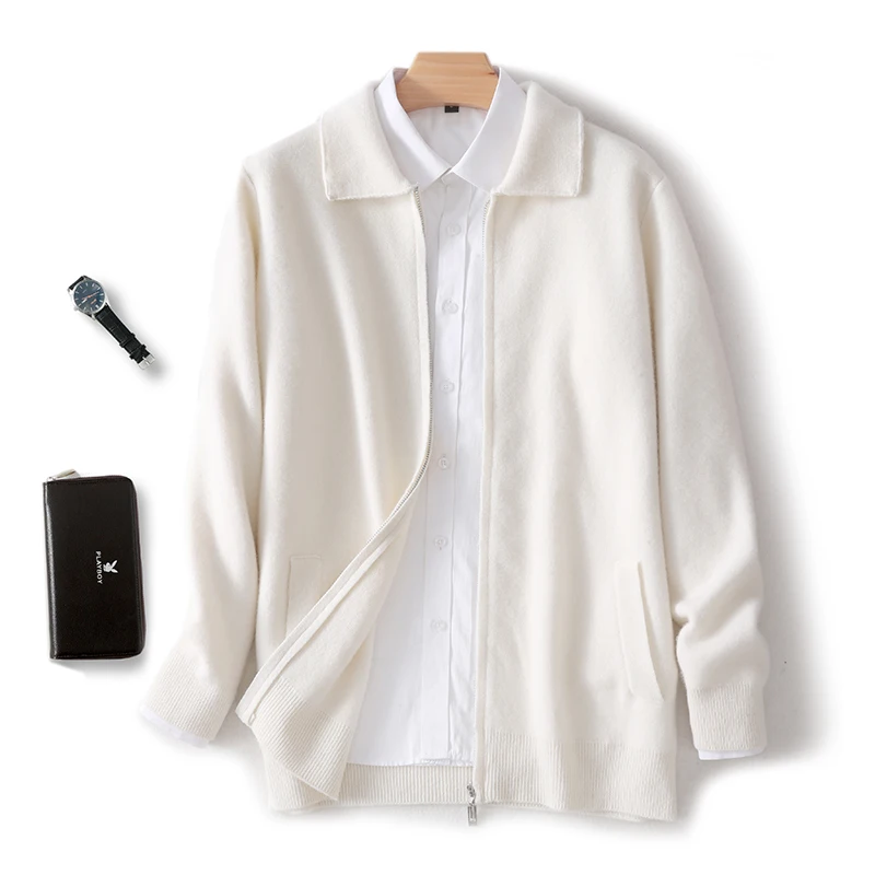 Men's 100% pure wool autumn and winter fashion lapel collar knitted cardigan casual warm men's jacket
