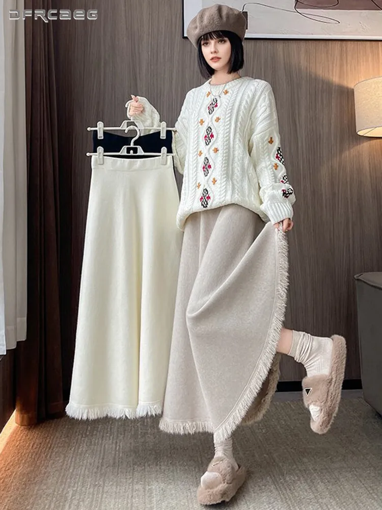 

Элегантная модная вязаная женская юбка-миди с кисточками, осенне-зимний повседневный свитер с большими качелями, женские юбки