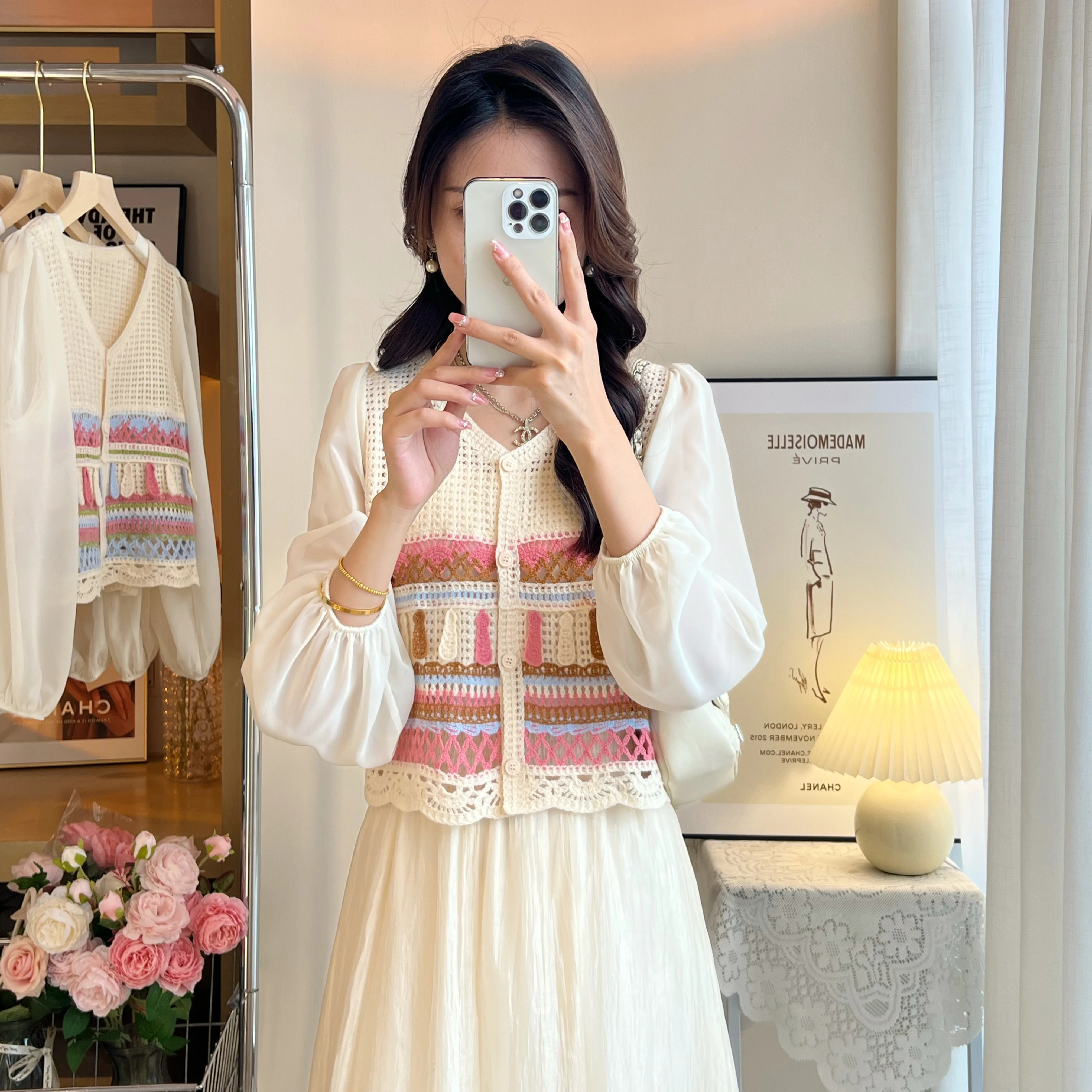 قطع علوية نسائية مطرزة من الكروشيه مع أكمام شيفون وأزرار أمامية قمصان شفافة مفتوحة متماسكة ملابس صيفية للإجازات #4