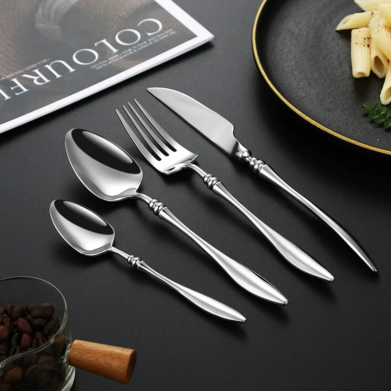 Mirror-polished high-end tableware, 304 stainless steel knife, fork, spoon, and willow-handled steak knife and fork set
