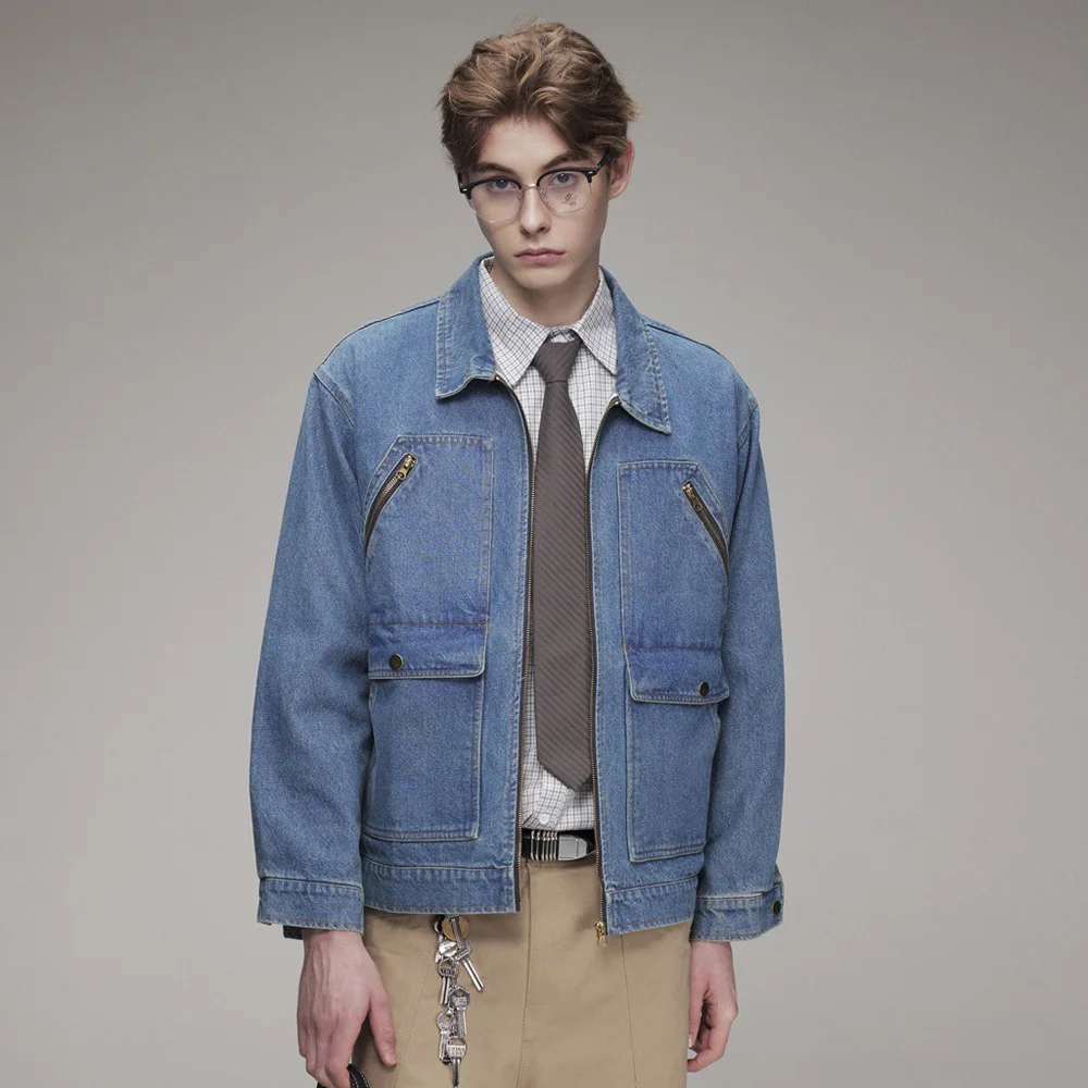 

Джинсовая куртка мужская с большим карманом на молнии уличная модная свободная повседневная винтажная джинсовая куртка-карго весенне-осеннее джинсовое пальто