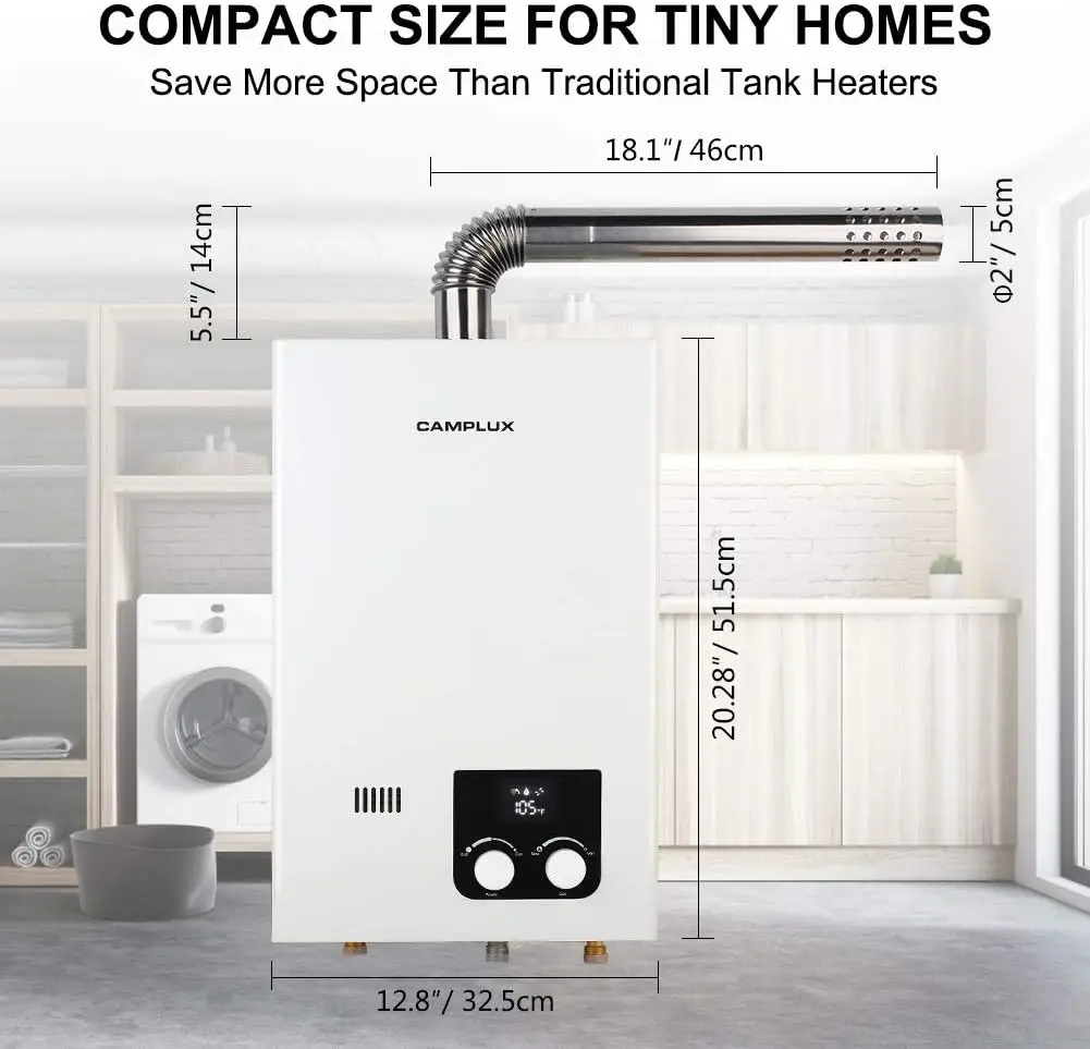 CAMPLUX-Aquecedor de água sem tanque, gás propano interior, 2.64 GPM, CM264, 68.000 BTU, sob demanda, quente