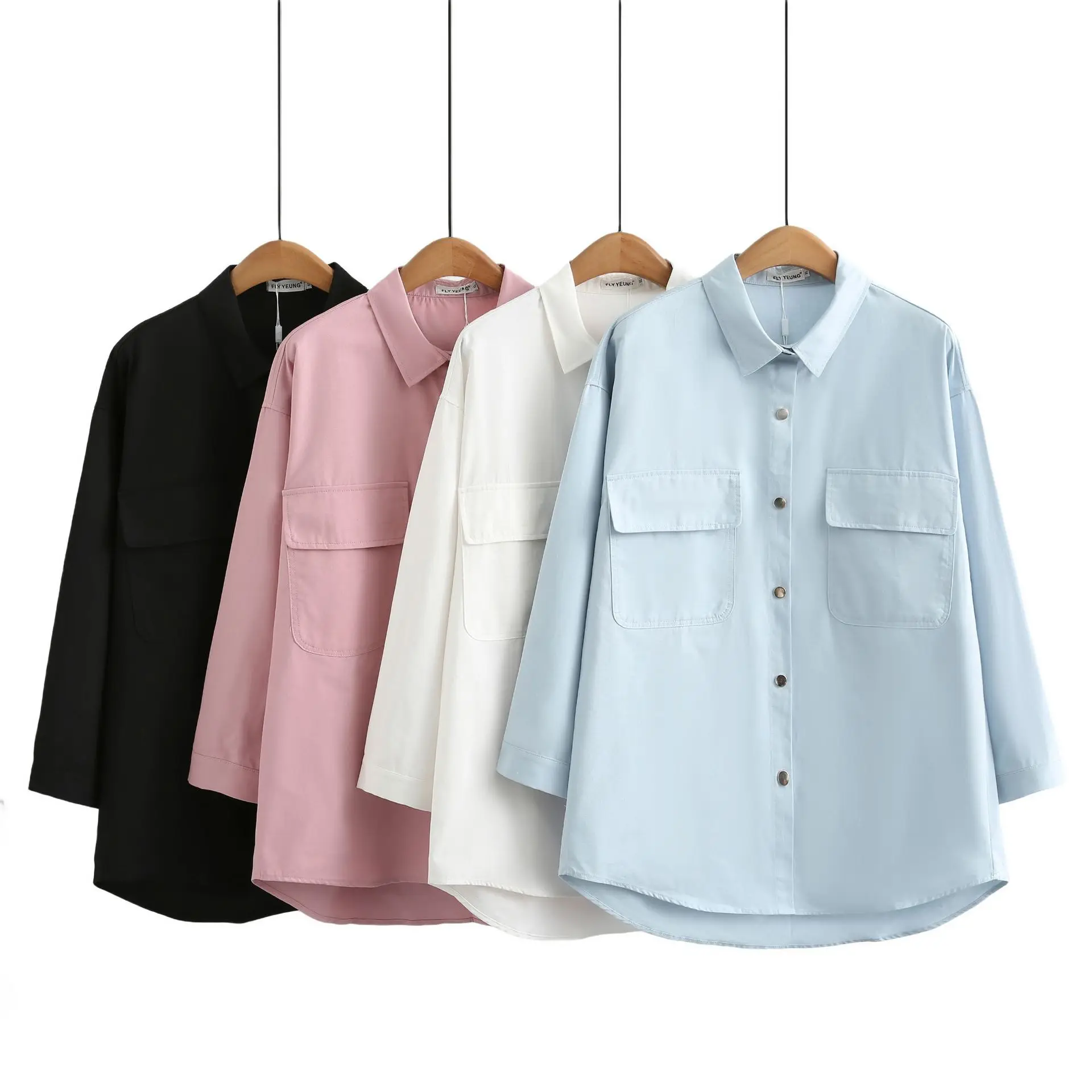 Candy Color Mid-length Label Lapel Shirt Women Plus Size Autumn Winter Casual Clothing Two Pocket Cotton Blouses Tops F5 9076