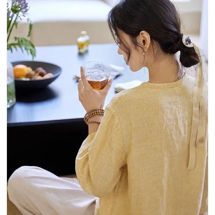 Linen New Chinese Style Improved Hanfu Diagonal T-shirt Shirt Top Chinese Style Yellow Pullover Loose Top for Women