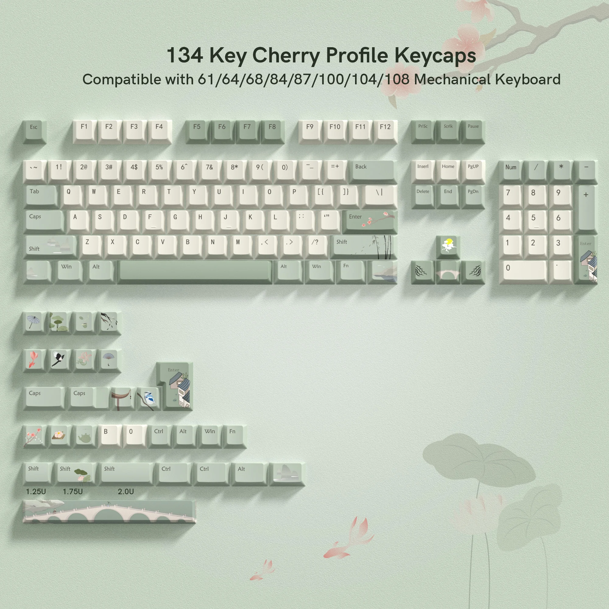 Spring Tea Dye-Sublimation PBT Keycaps 134 Key Cherry Profile Custom Keyboard Keycaps for Cherry MX Switches Mechanical Keyboard