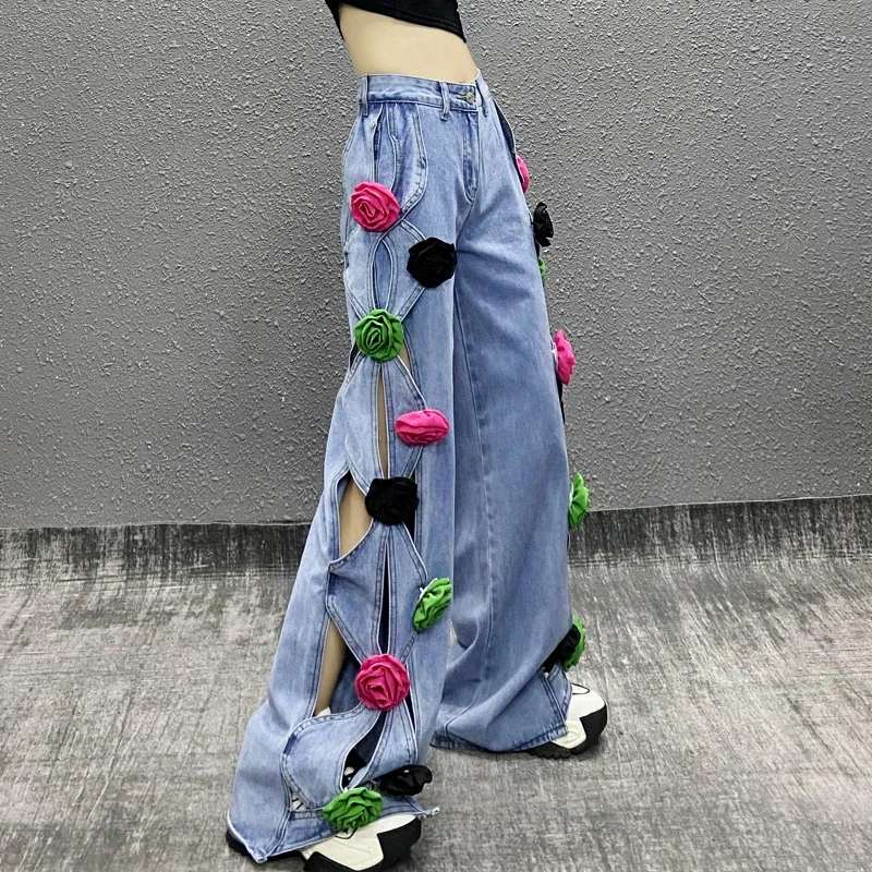 Women Colorful 3D Flowers Hollow Out Jeans Floral Denim Trousers Pockets Straight Wide Legs Cowboy Pants High Waisted Pantalon