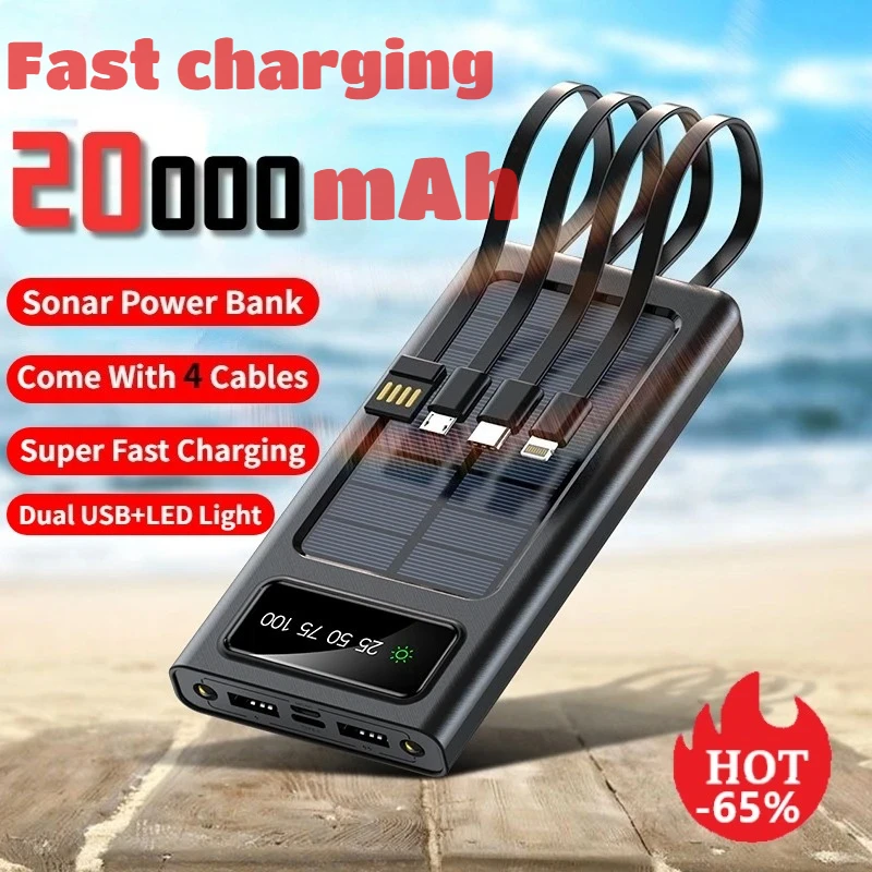 

20000mAh Solar Power Bank Large Capacity Mobile Power Fast Charging Battery with Dual USB 4 Cables for IPhone Samsung