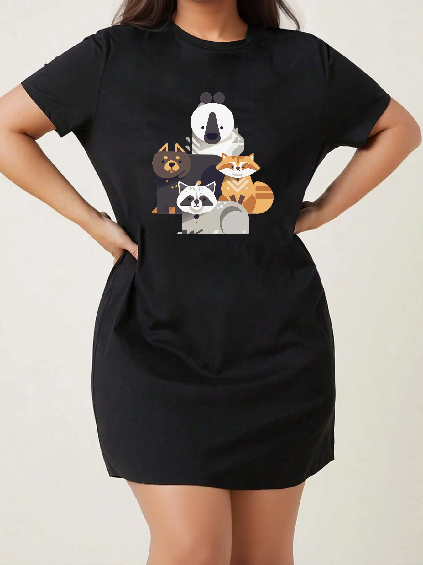 

Plus Size Women'S Cartoon Print Short Sleeve T-Shirt Dress Casual Summer Bodycon Dress with Cute Animal Illustrations Dress