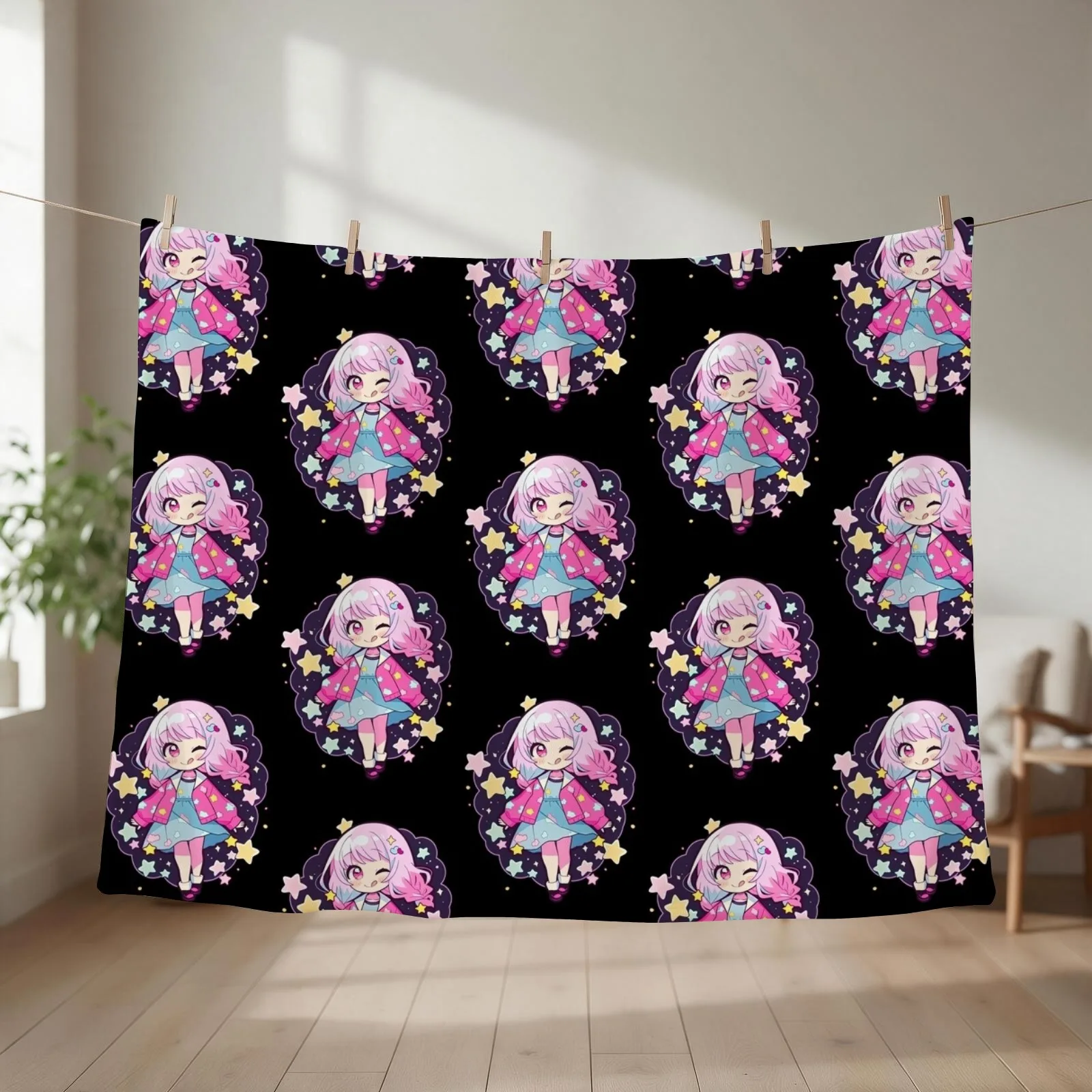 Project Sekai Shirt Emu Otori Cute Stars Kawaii Chibi Throw Blanket couch cozy soft plush fuzzy picnic outdoor blanket