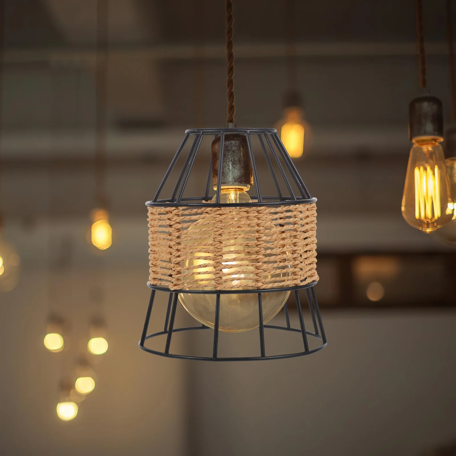 

Woven Paper Rope Lampshade Vintage Iron Wire Lamp Shade Replacement E27 Pendant Light Cover for Living Room Dining Hallway Retro