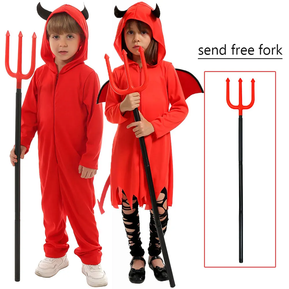 Umorden Kids Child Red Demon Devil Satan Costume Cosplay for Boys Girls With Fork Scary Halloween Costumes Children