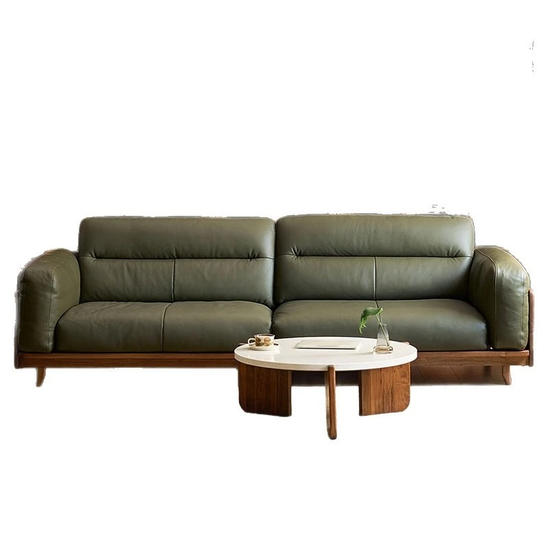 Schwarzes Walnuss-Sofa mit gerader Reihe, Massivholz-Ledersofa, kleines Apartment-Sofa im mittleren und antiken Stil, Kombinations-Ledersofa
