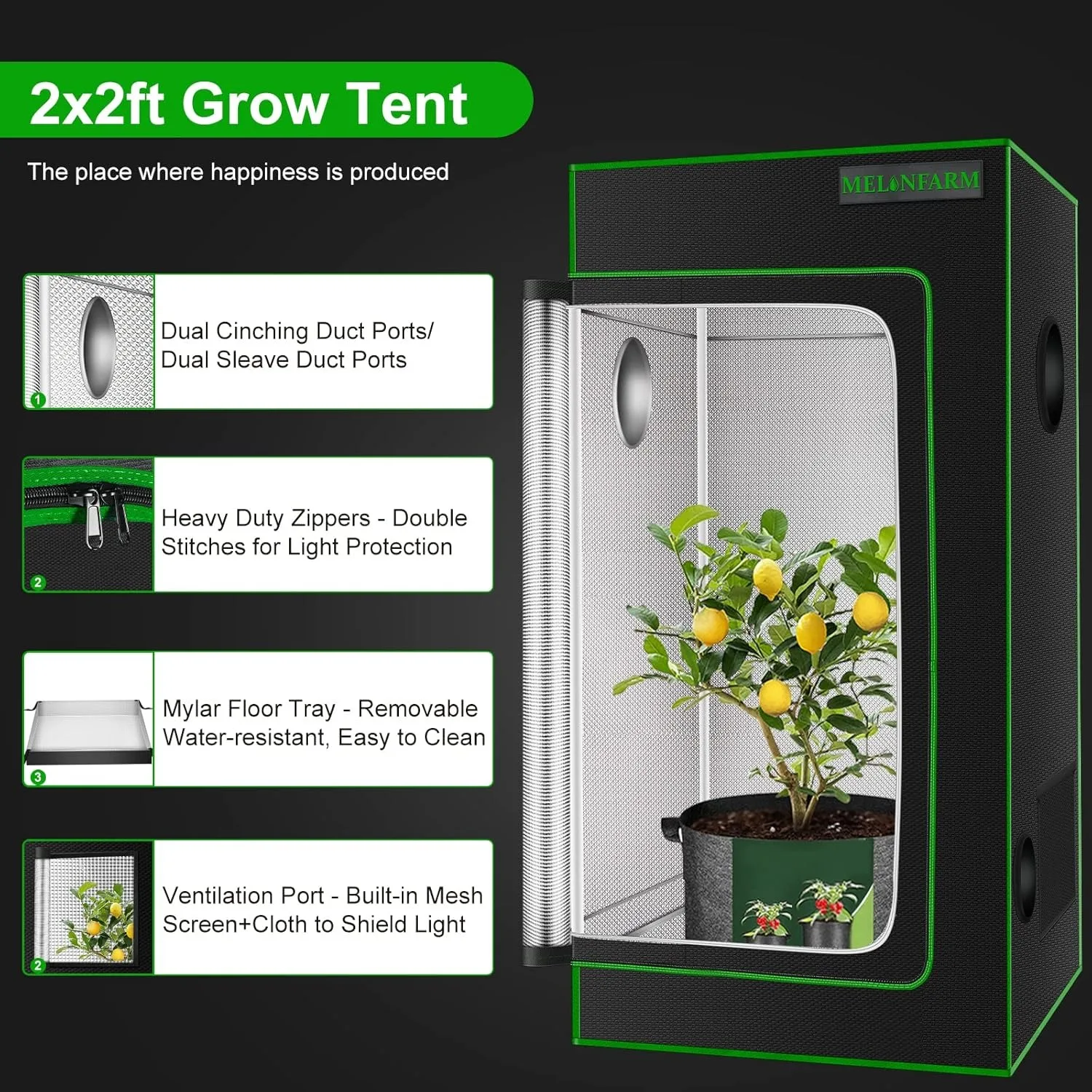 High Reflective Mylar Canvas Grow Tent com Observação Janela e Bandeja de Piso, 600D Diamante, 2x2, 24 "x 24" x 48"