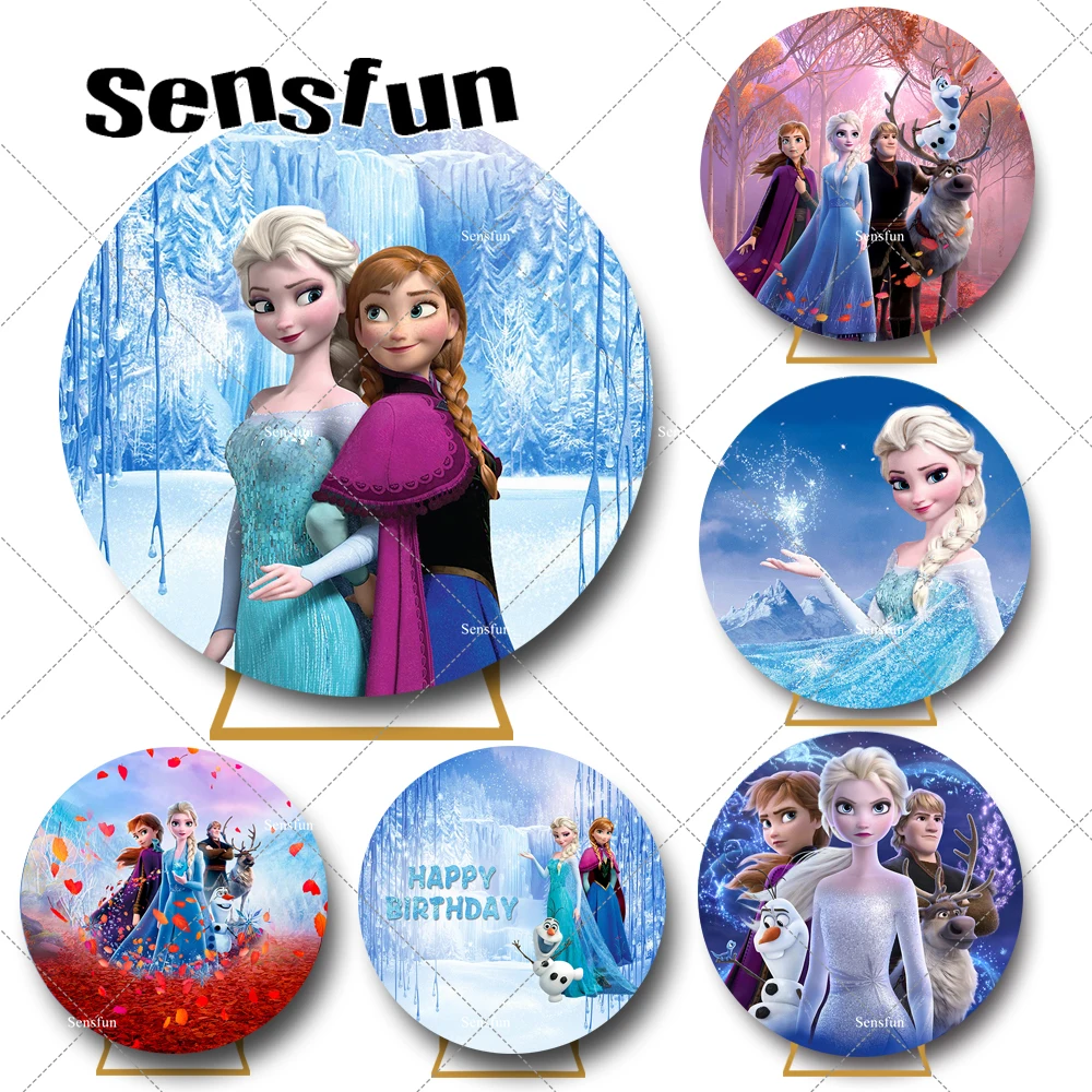 

Disney Frozen Princess Elsa Anna Round Circle Backdrop for Girls Birthday Party Decoration Kids Winter Ice Snowflakes Background