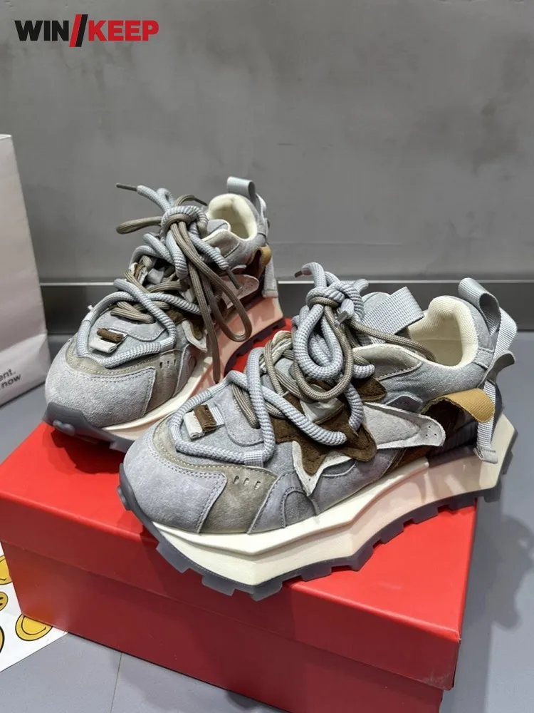 Spring Women Thick Platform Lace Up Outdoor Running Shoes Low Cut Patchwork Sports Sneakers Comfortable Jogging Training Shoes