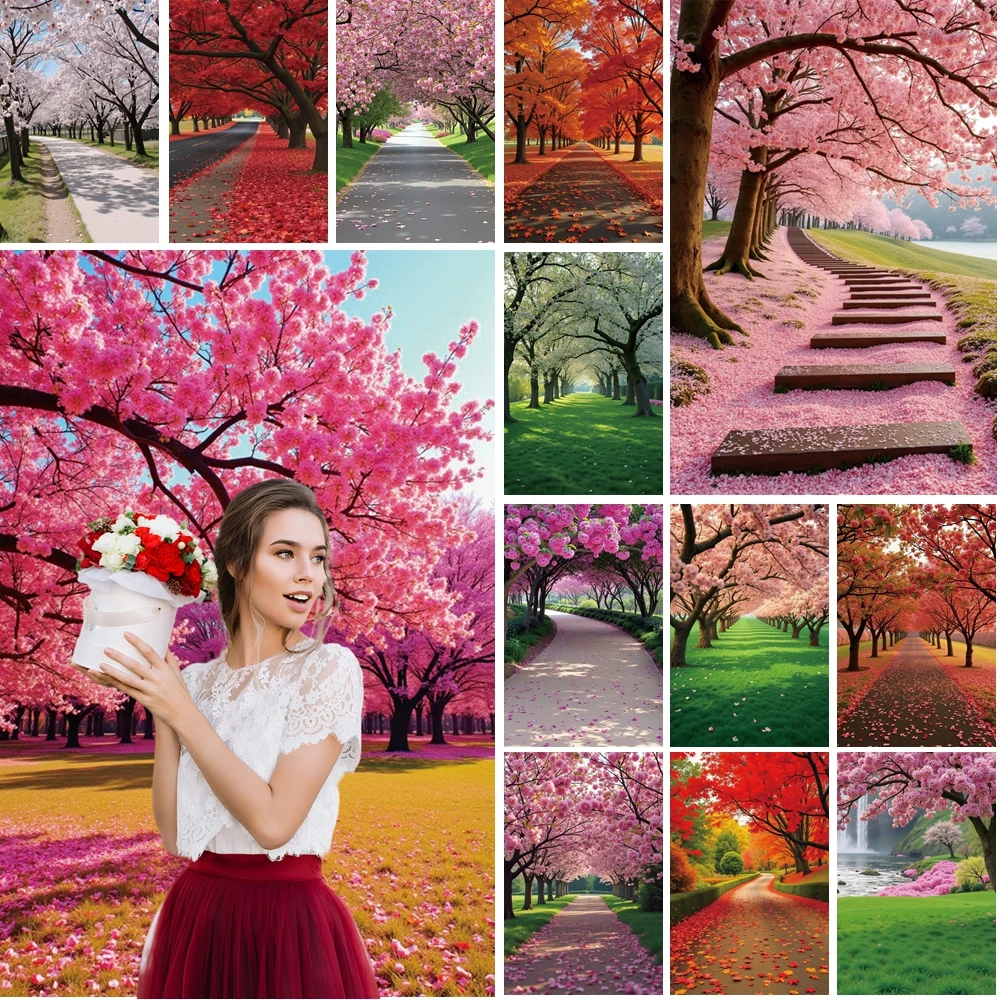 

MOON.QG Spring Landscape Backgrounds For Photographs Path Flower Trees Backdrop Maternity Photozone Wedding Portrait Props