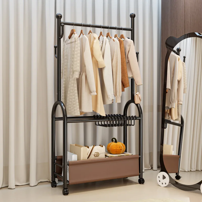 

Chinese style floor coat rack metal double-layer storage hanger with wheel mobile drying rack pants