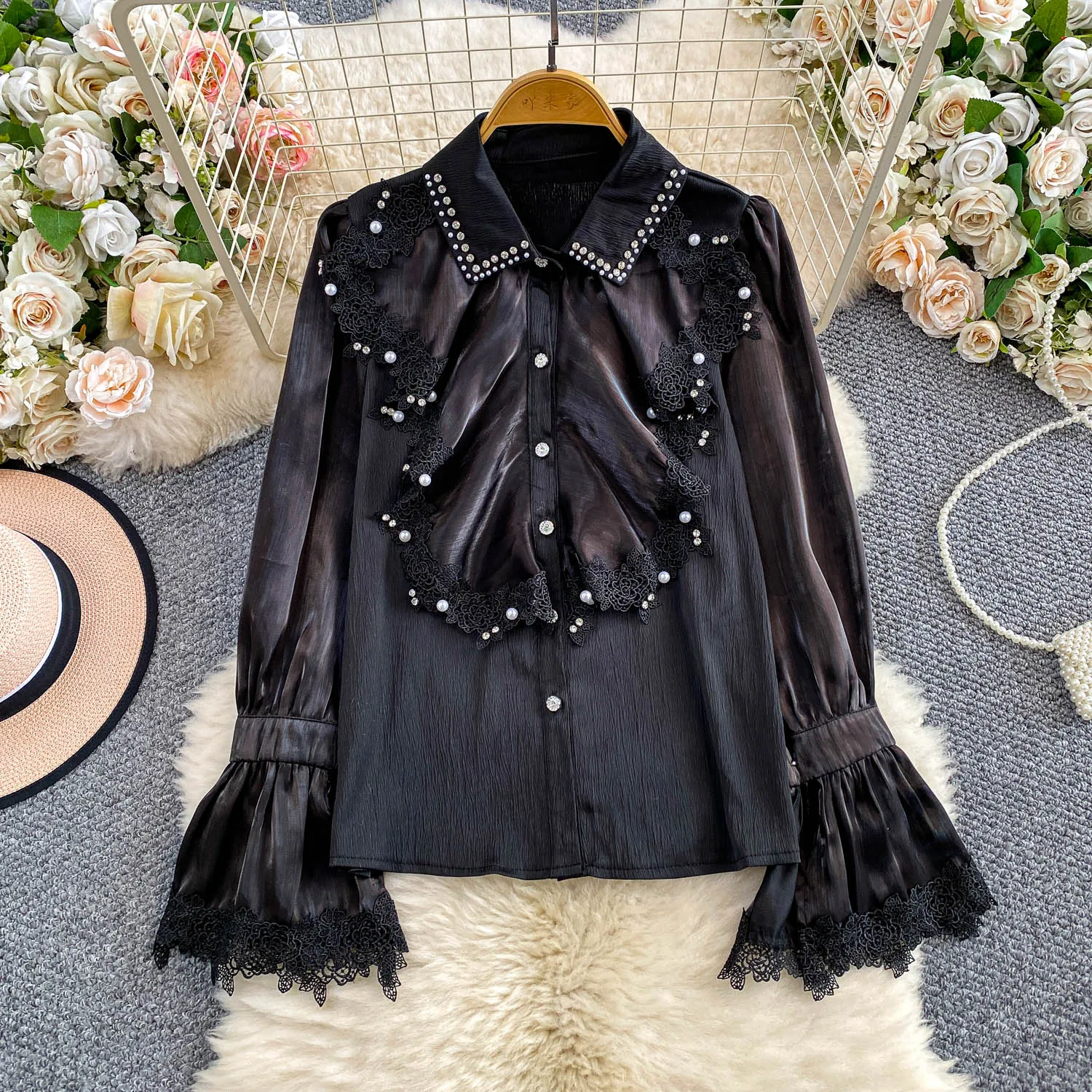 

Diamond Nail Bead Turn-down Shirt Women's Satin Patchwork French Lace Top