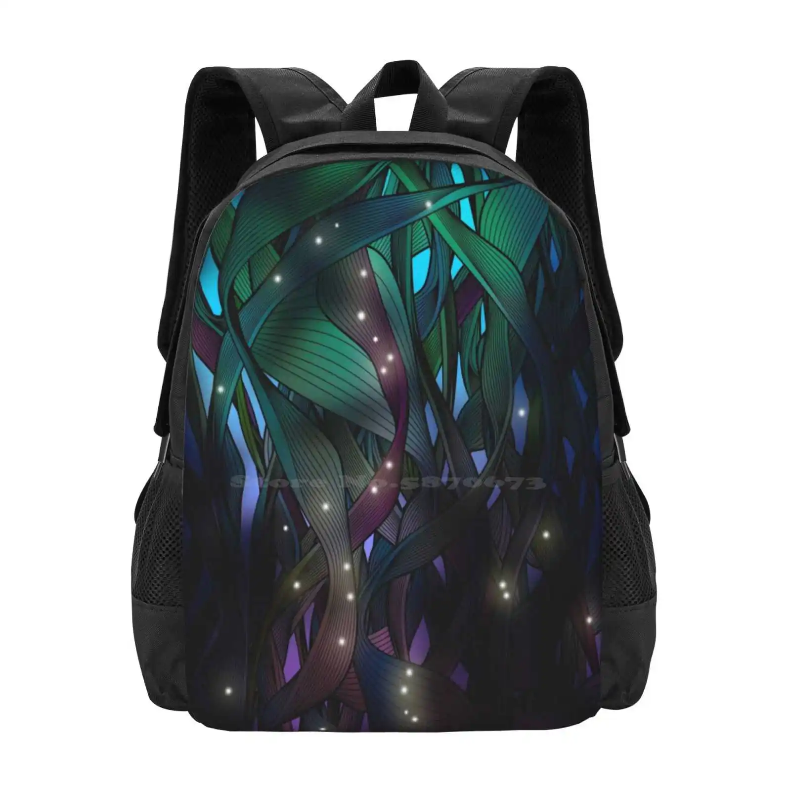 Nocturne ( With Fireflies ) School Bag Big Capacity Backpack Laptop Nocturne Nightscape Fireflies Long Grass Leaves Summer