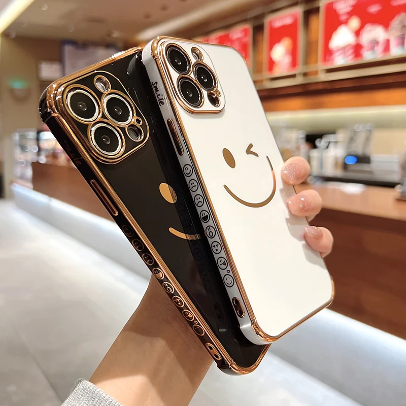 Plating Edge Cute smiley Wink 4 Corners Shockproof Protection Phone Case Cover for Iphone 11 12 13 15 14 Pro Max Plus Mini Case