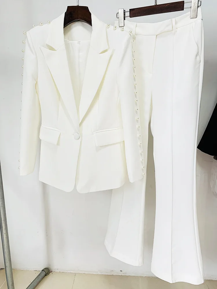 White Blazer Pants Suits with Pearls New Designer Pearl Embellished Suit Set Slim Handmade Pants Sets Two Pieces Sets Outfits